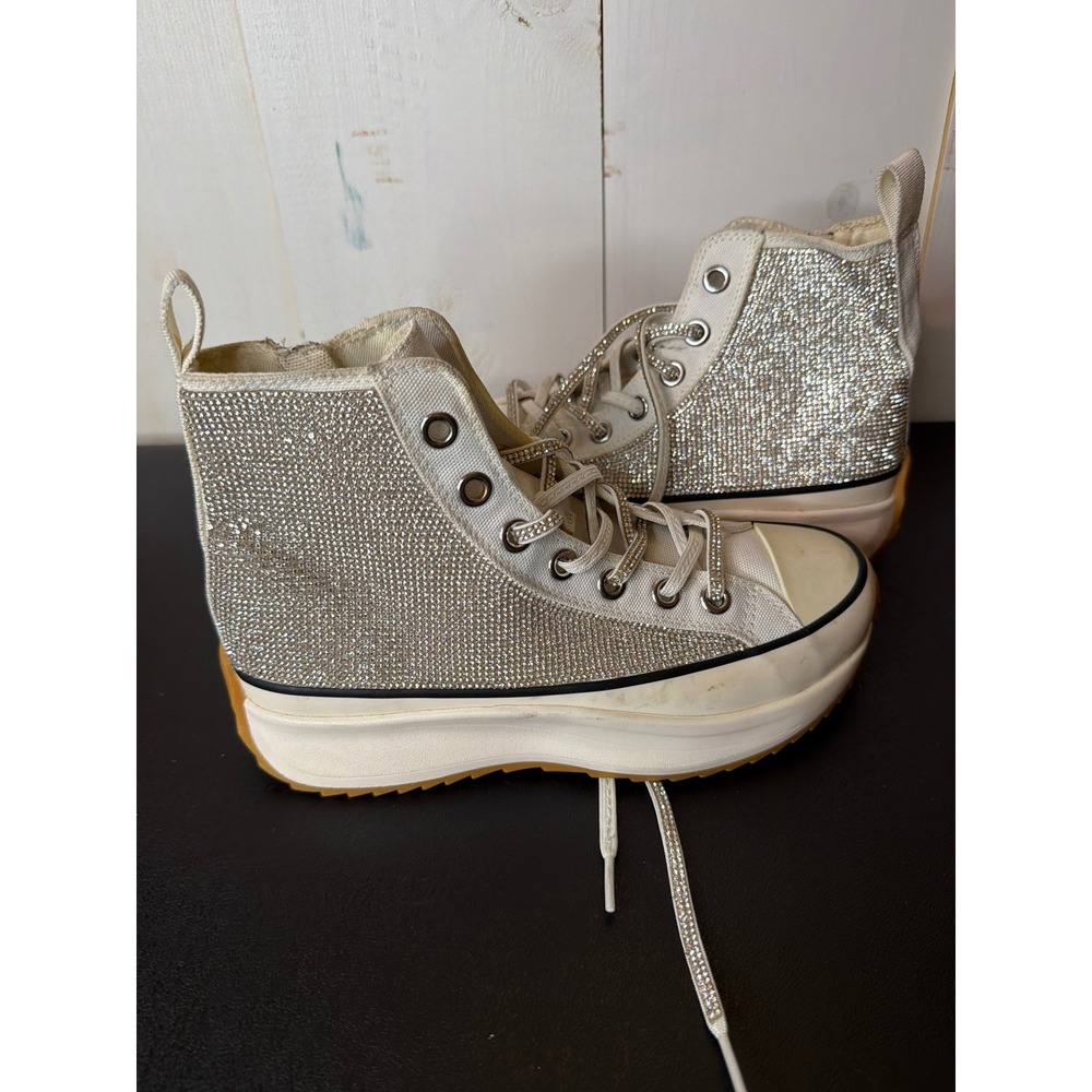 Steve Madden Womens White Canvas Rhinestone Platform Sneaker SHAFT-R 7M